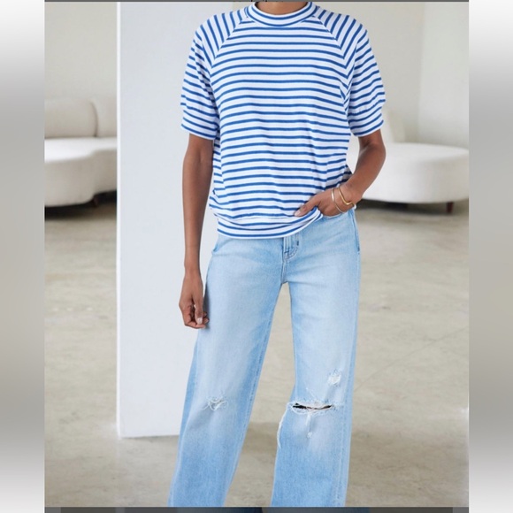 AYR The Quick Wit Weekend Jaunt Stripe Tee Shirt In Beach Glass M - Picture 6 of 7